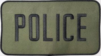 POLICE 5" X 9" PATCH - BACK ON OD GREEN, BLACK TRIM - SEW ON.